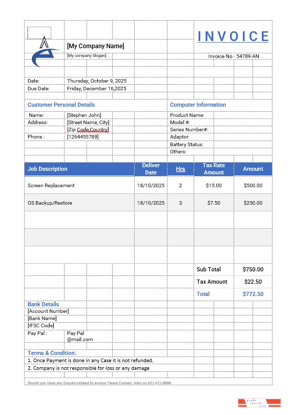 Computer Repair Invoice Template PSD template